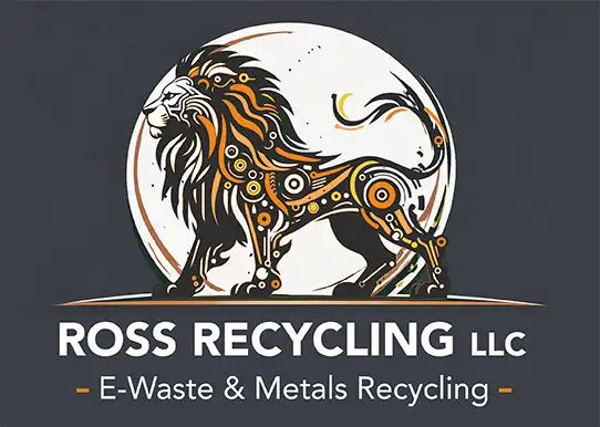 Logo for Ross Recycling LLC with a stylized mechanical lion and the text ‘ROSS RECYCLING LLC’ above ‘E-Waste & Metals Recycling’