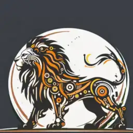 Stylized lion silhouette made of orange, black, and yellow shapes inside a circular frame on a dark background.